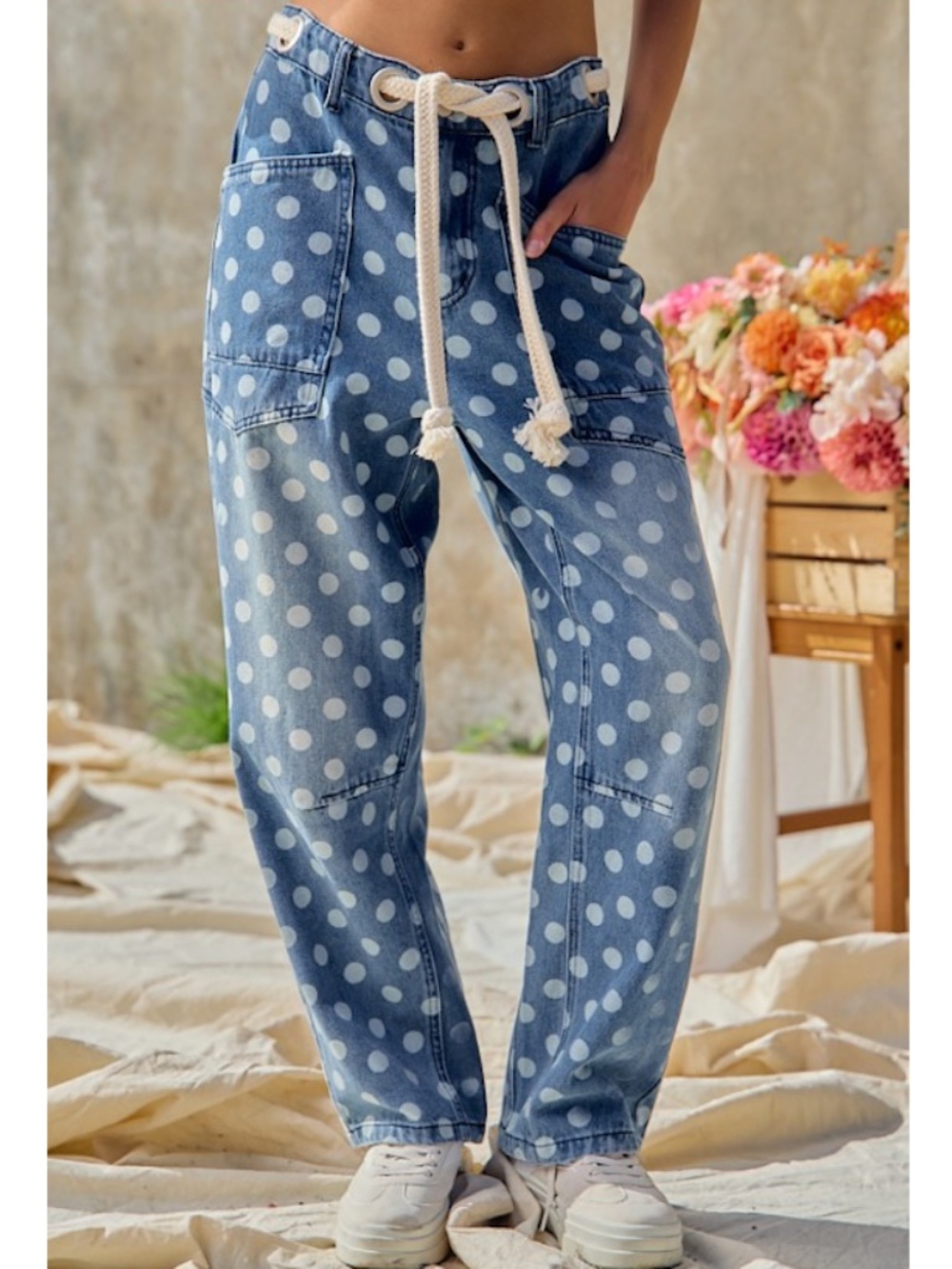 "The Harmony" Polka Dot Printed Denim Pants With Waist Belt - Picture 1 of 8